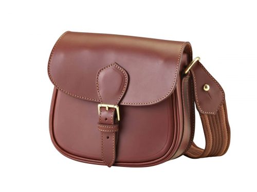 Cartridge bag with raw edges and two-tone shoulder strap
