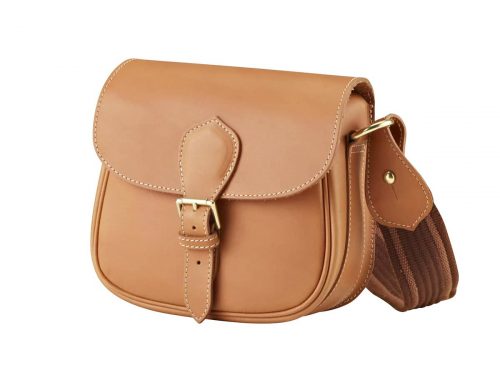 Cartridge bag with raw edges and two-tone shoulder strap